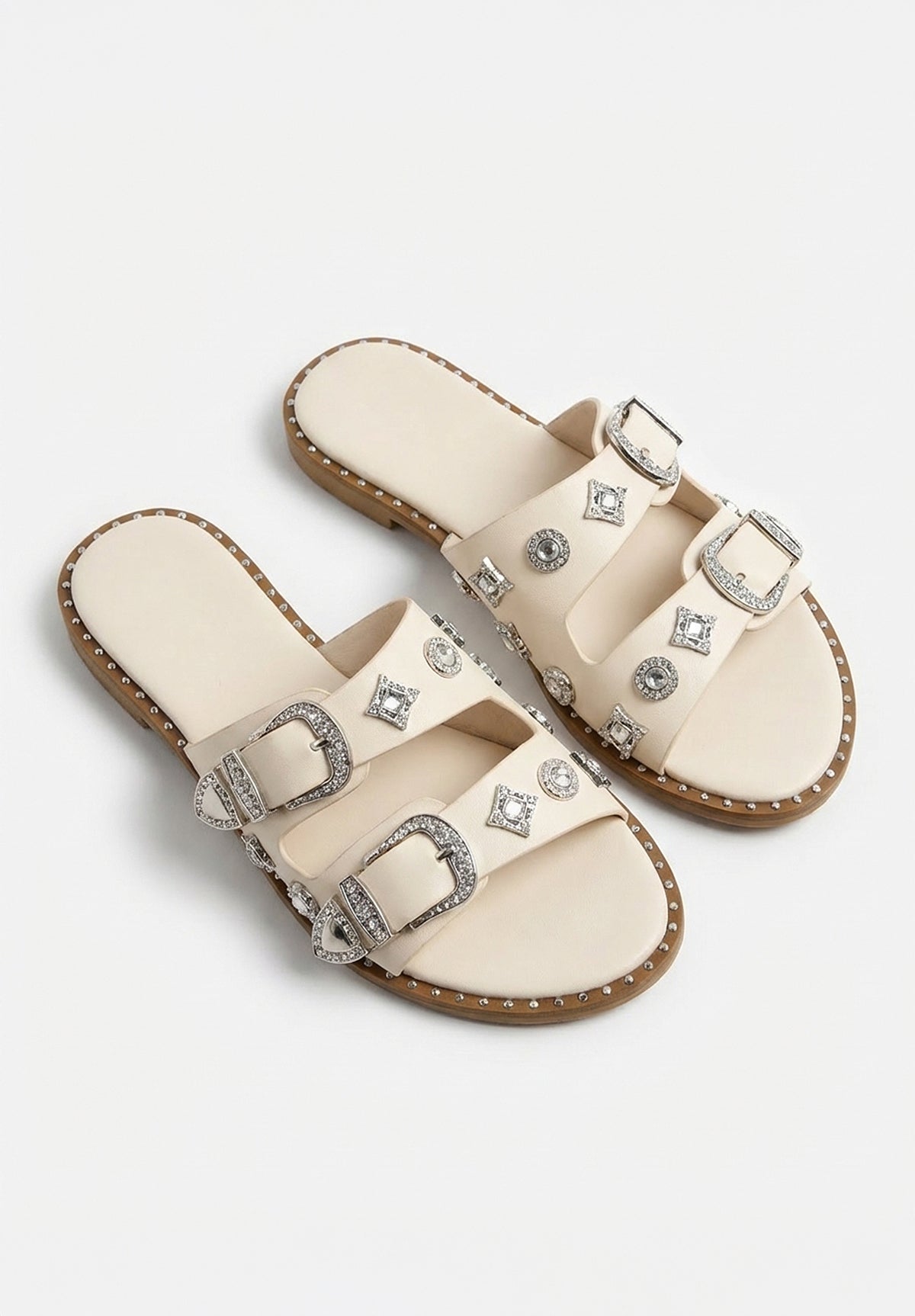 Destination Daydream Beige Studded Double Strap Sliders