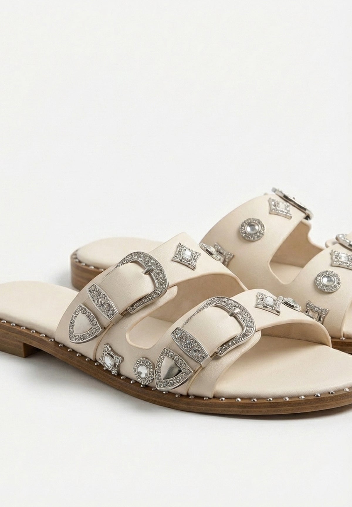 Destination Daydream Beige Studded Double Strap Sliders