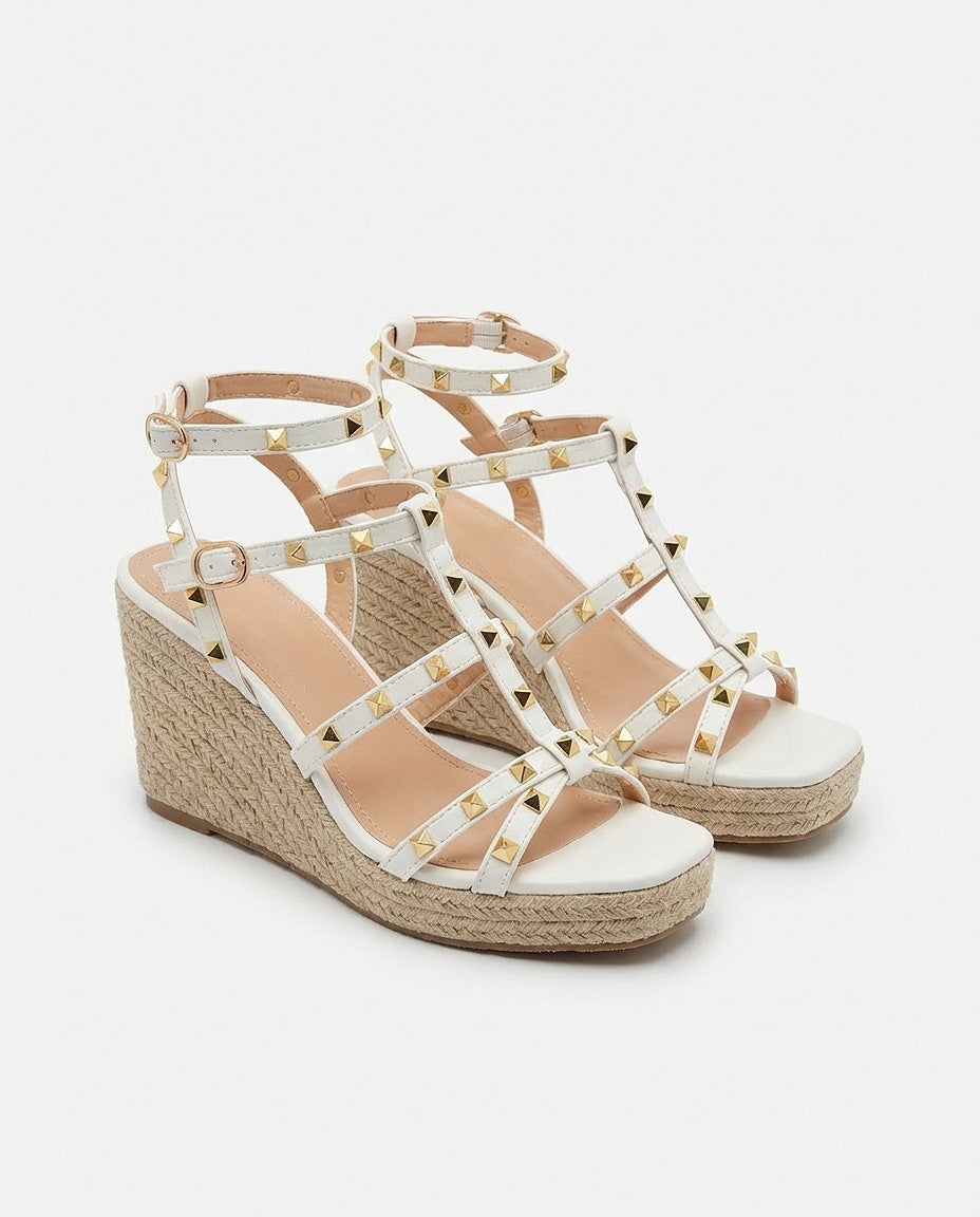 Island Escape White Raffia Studded Wedges