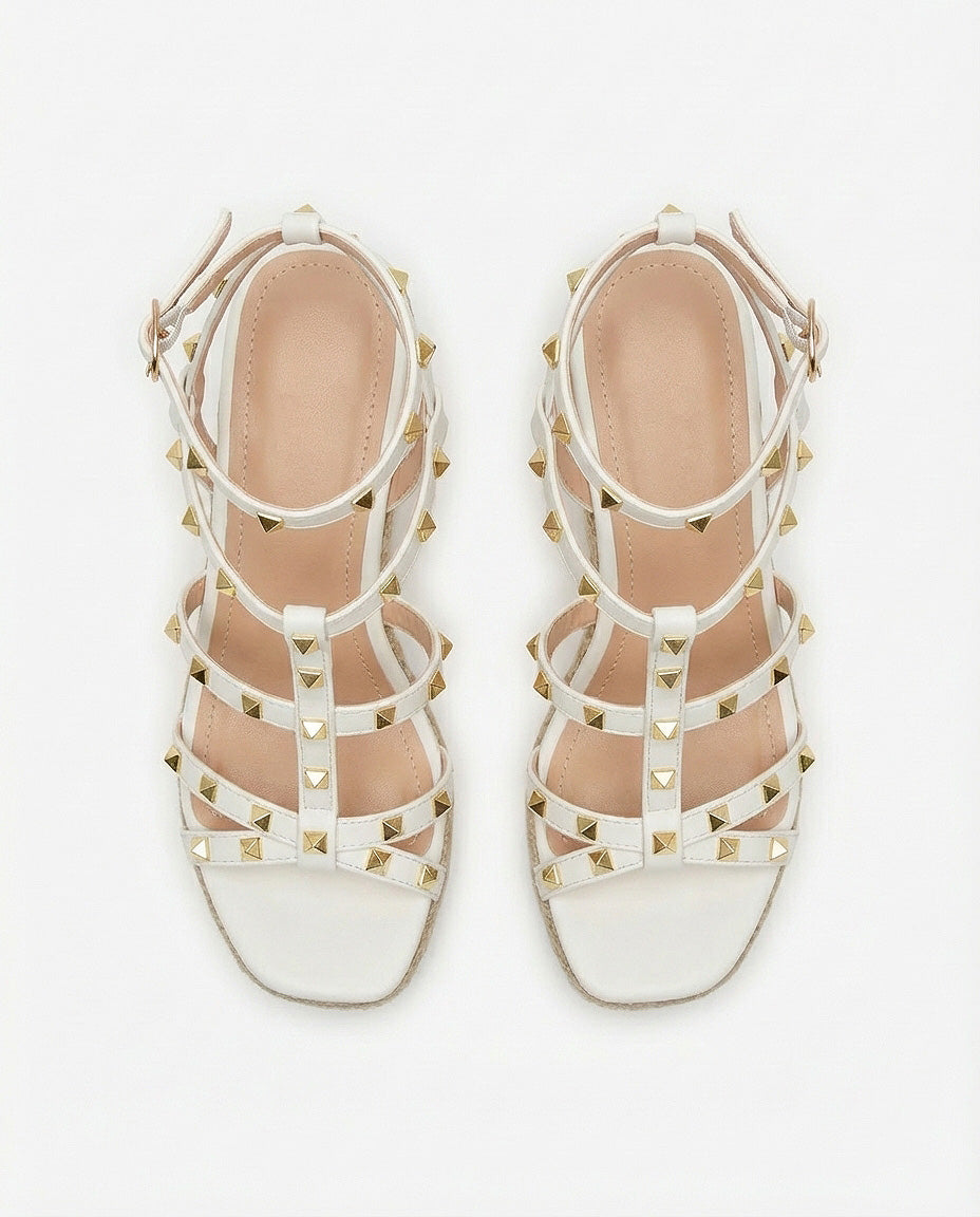 Island Escape White Raffia Studded Wedges