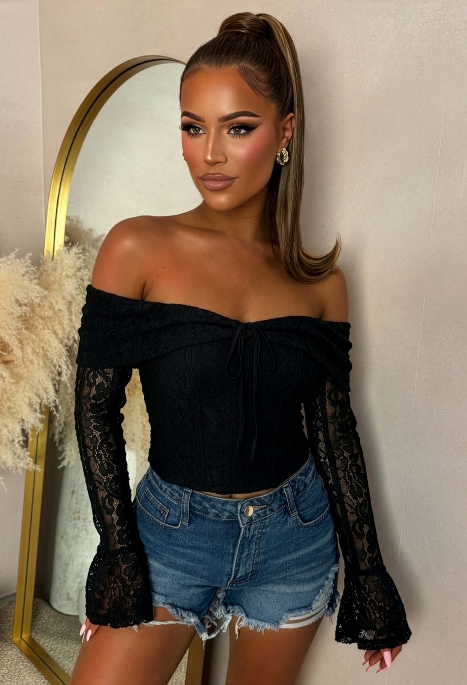 Heavenly Haze Black Lace Off Shoulder Top | Pink Boutique
