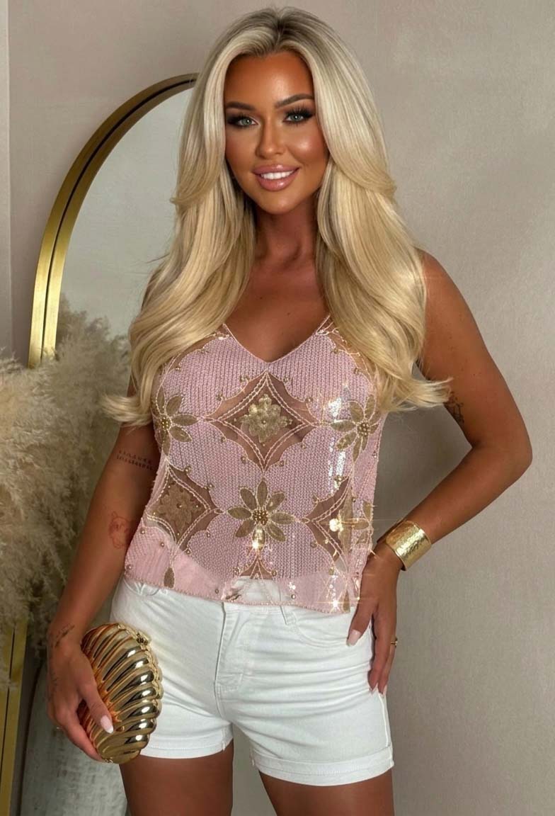 Pandora Pink Sequin Pearl Mesh Cami Top