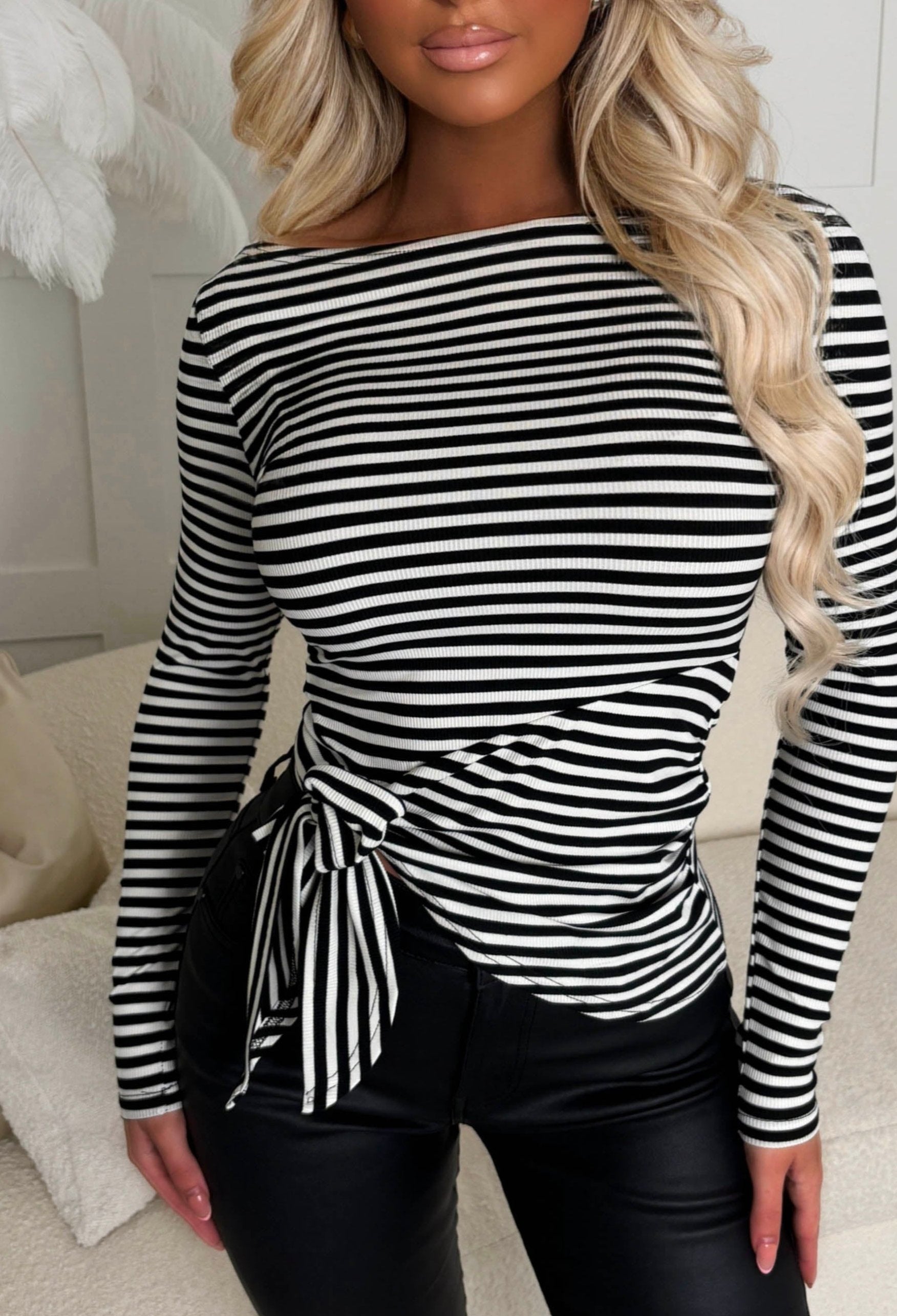 Get Your Own Monochrome Knot Detail Stretch Striped Long Sleeve Top