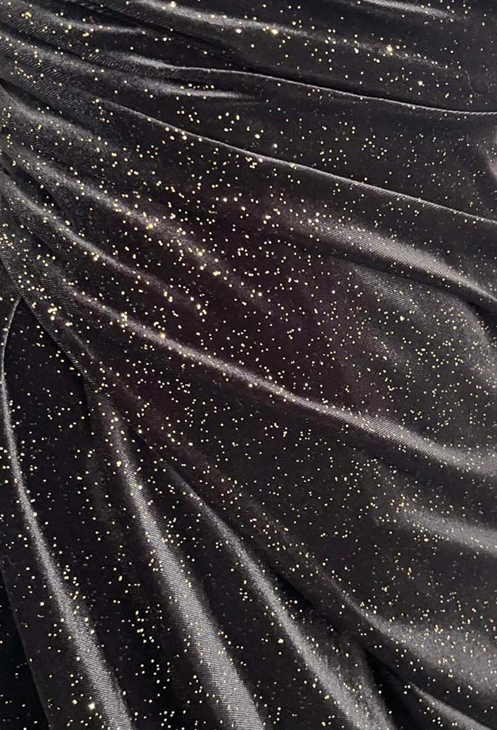 Love In Luxury Black Ruched Side Foil Print Velvet Midi Dress