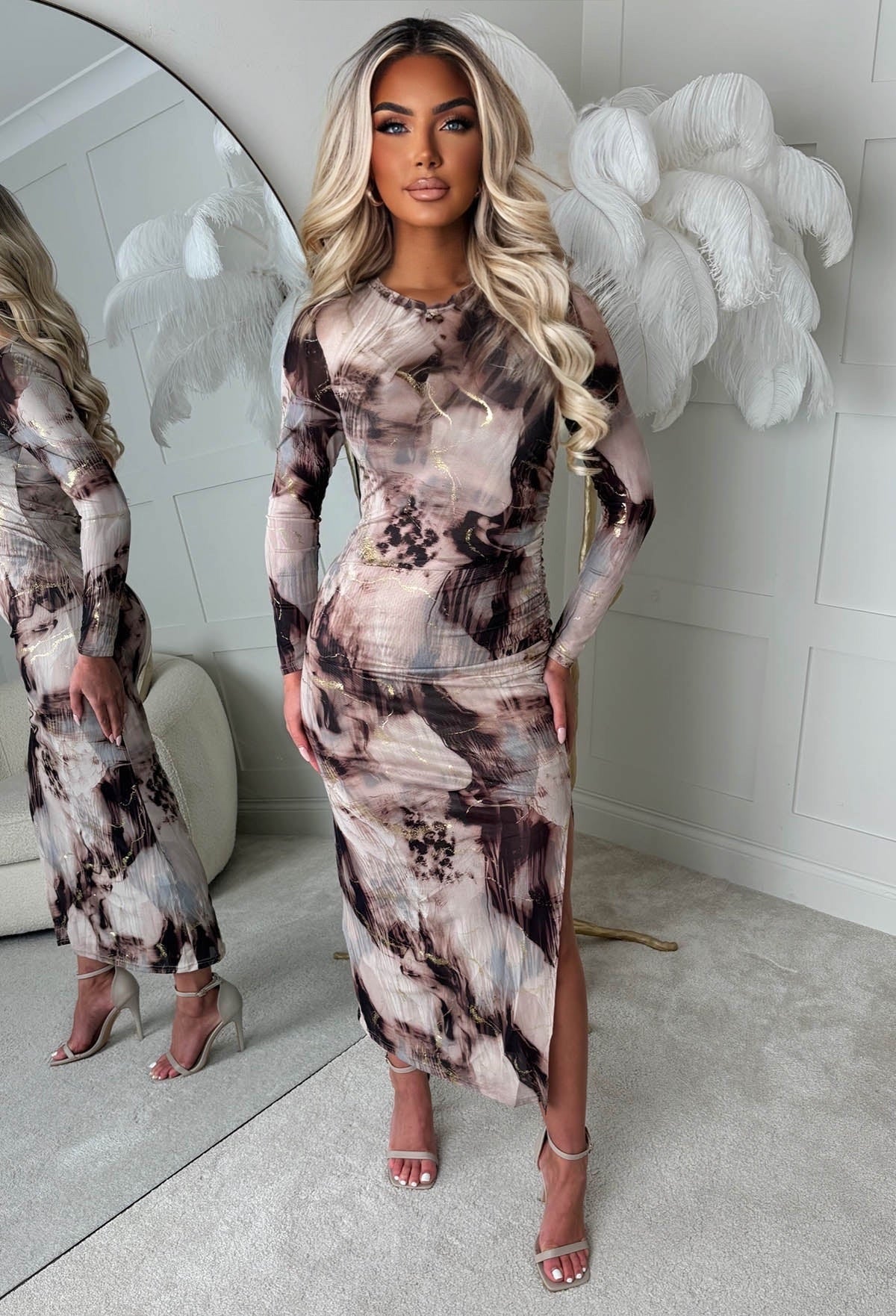 knee length dresses for ladies Black And White Marble Print Wrap Long Sleeve Ruched Mesh Midi Dress – AX  Paris main image 0