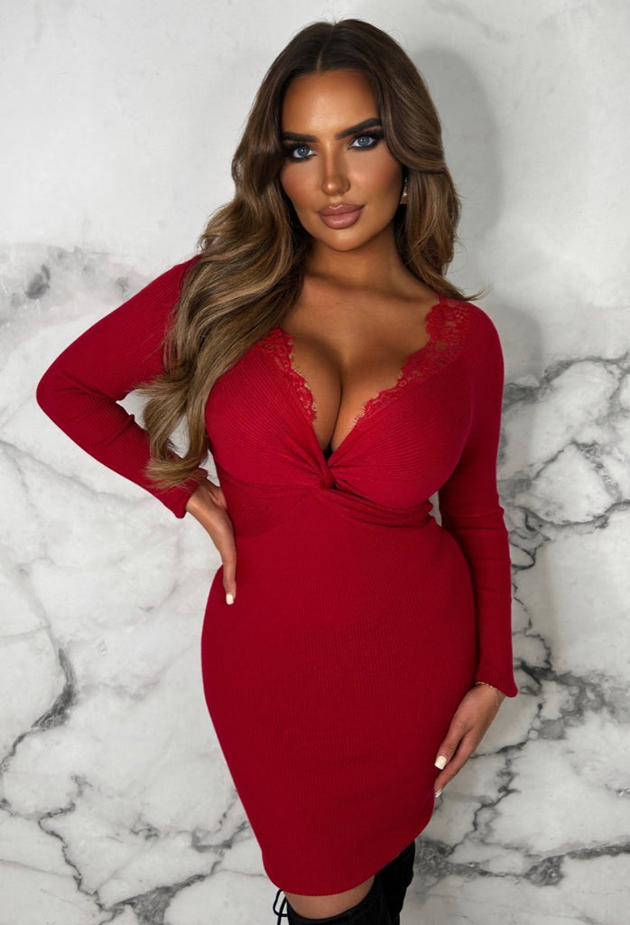 Romantic Luxury Red Lace Trim Knot Front Knitted Dress Pink Boutique