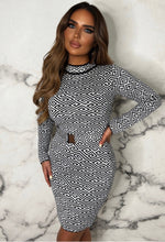 Parisian Luxury Monochrome Knitted Geometric Print Belted Dress
