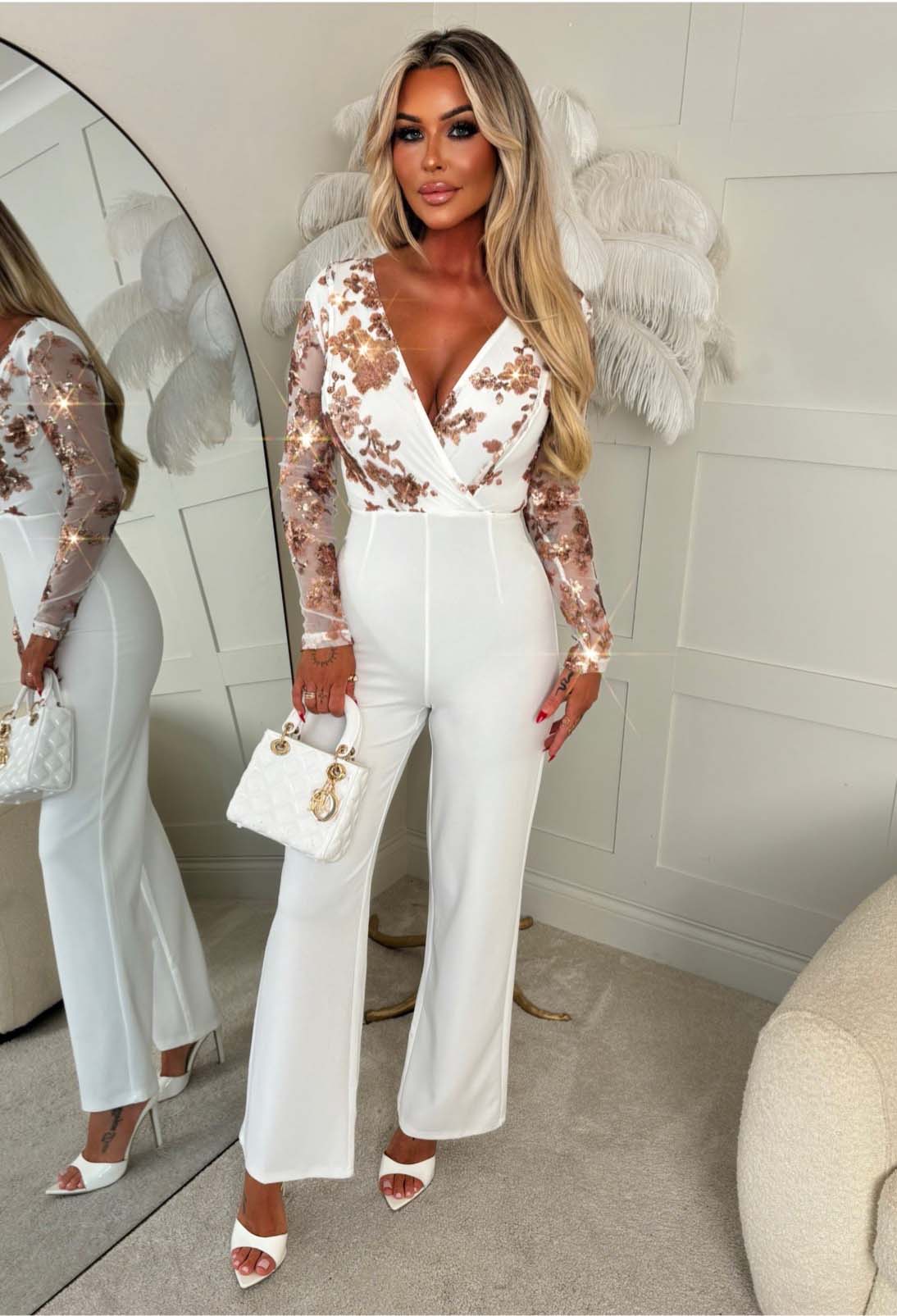 Sylvia White Flower Sequin Jumpsuit