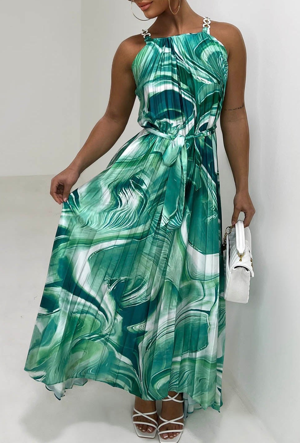 Pleated Perfection Green Marble Print Pleated Tie Waist Dress