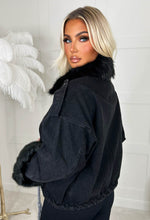 Francesca Black Removable Faux Fur Trim Oversized Denim Jacket
