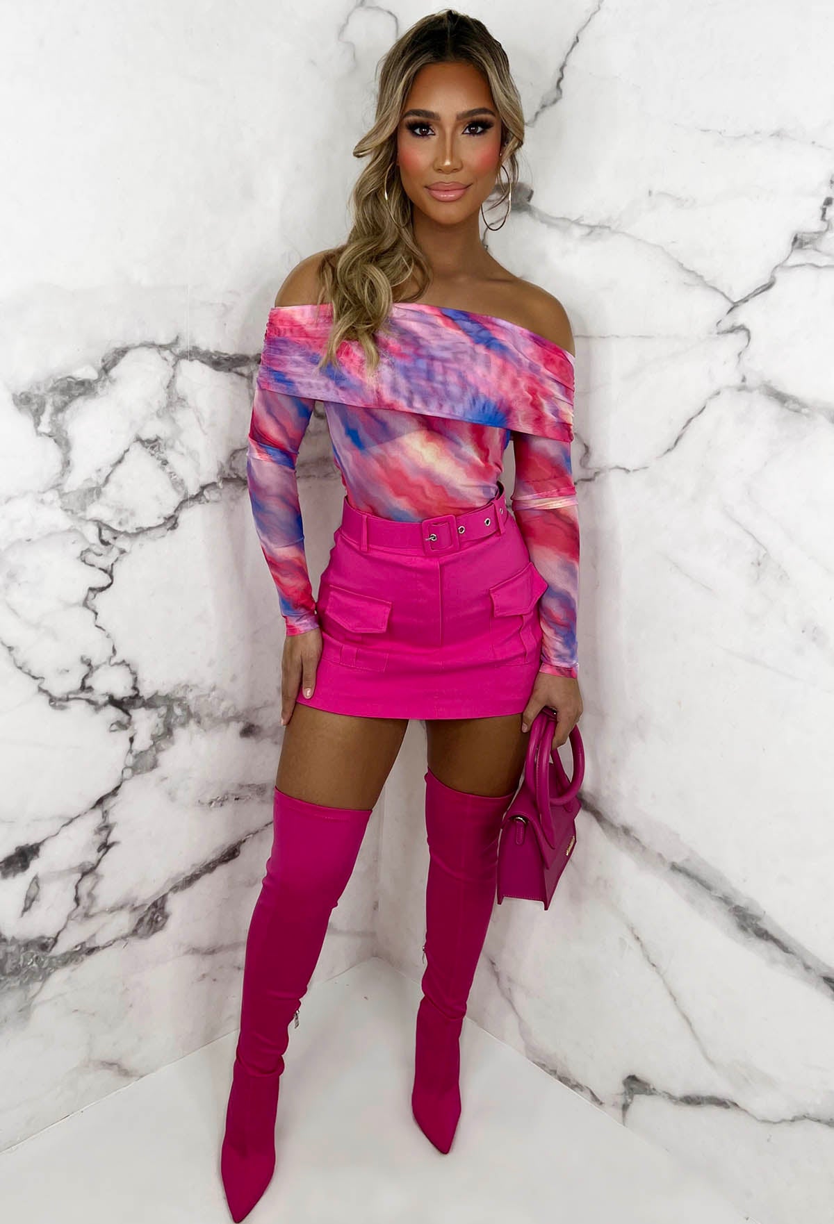 Girl In Love Pink Marble Print Mesh Stretch Bardot Top