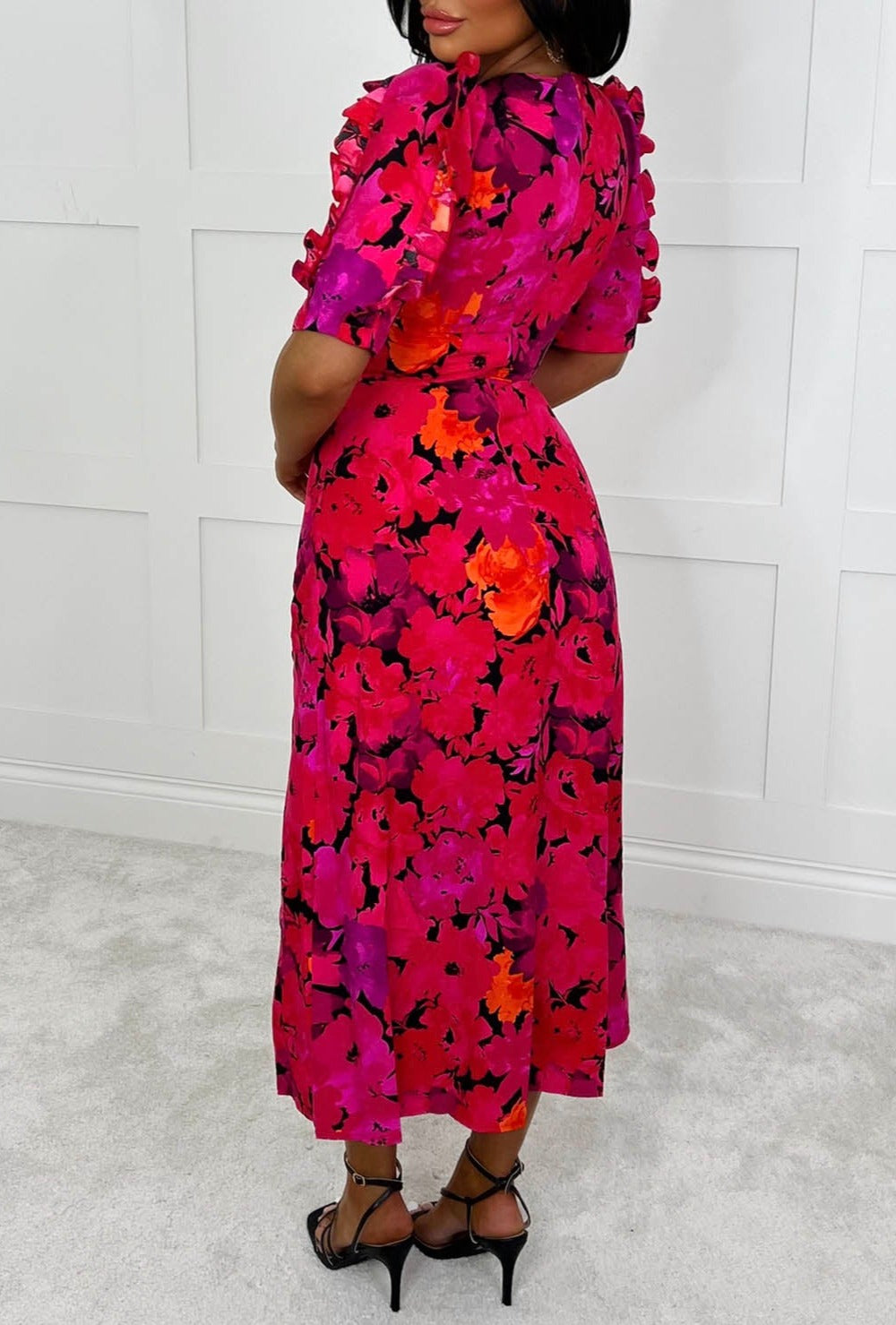 Finding Paradise Red Floral Ruffle Sleeve Leg Split Midi Dress