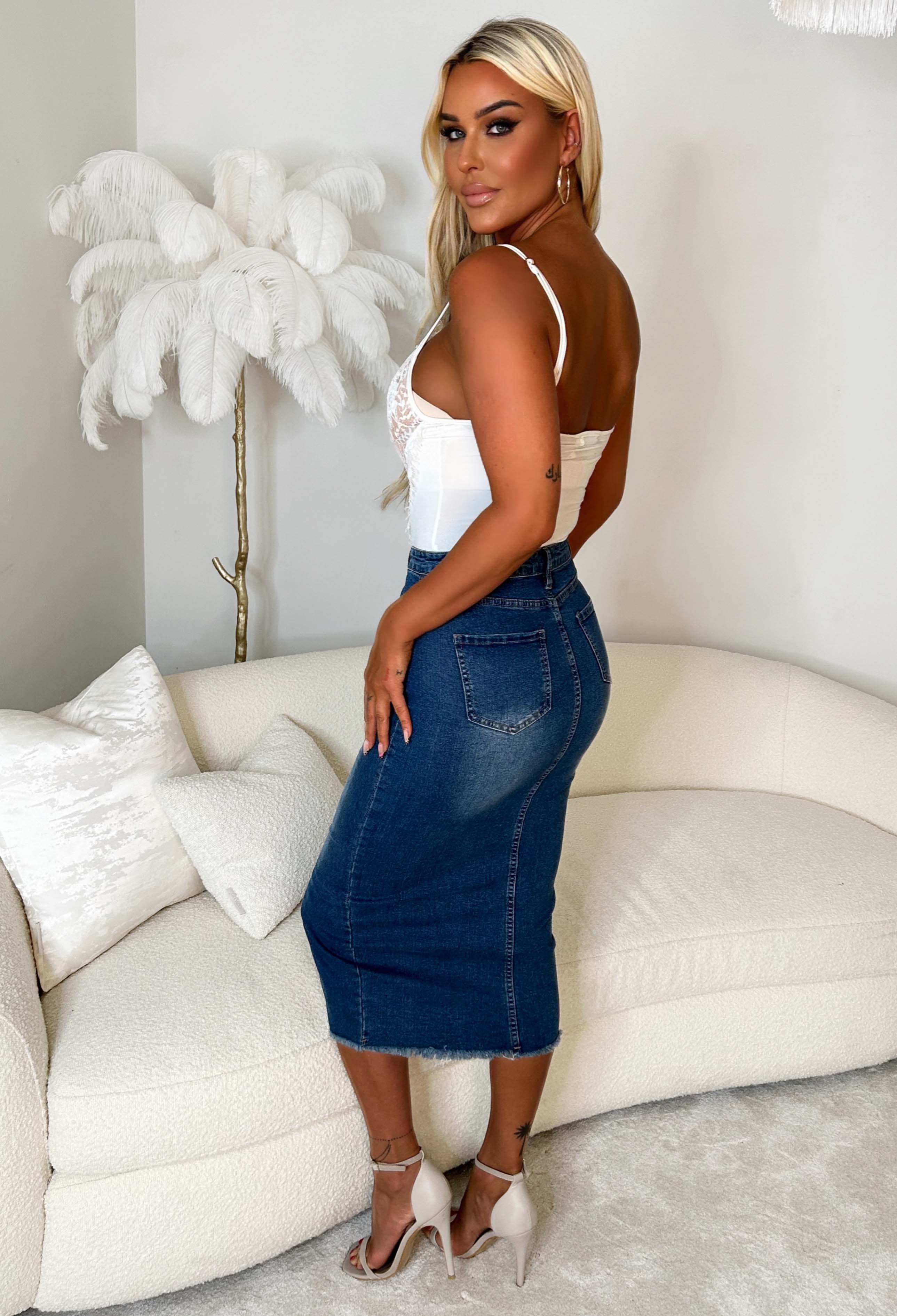 Denim Dynasty Mid Blue Stretch Frayed Hem Midi Denim Skirt