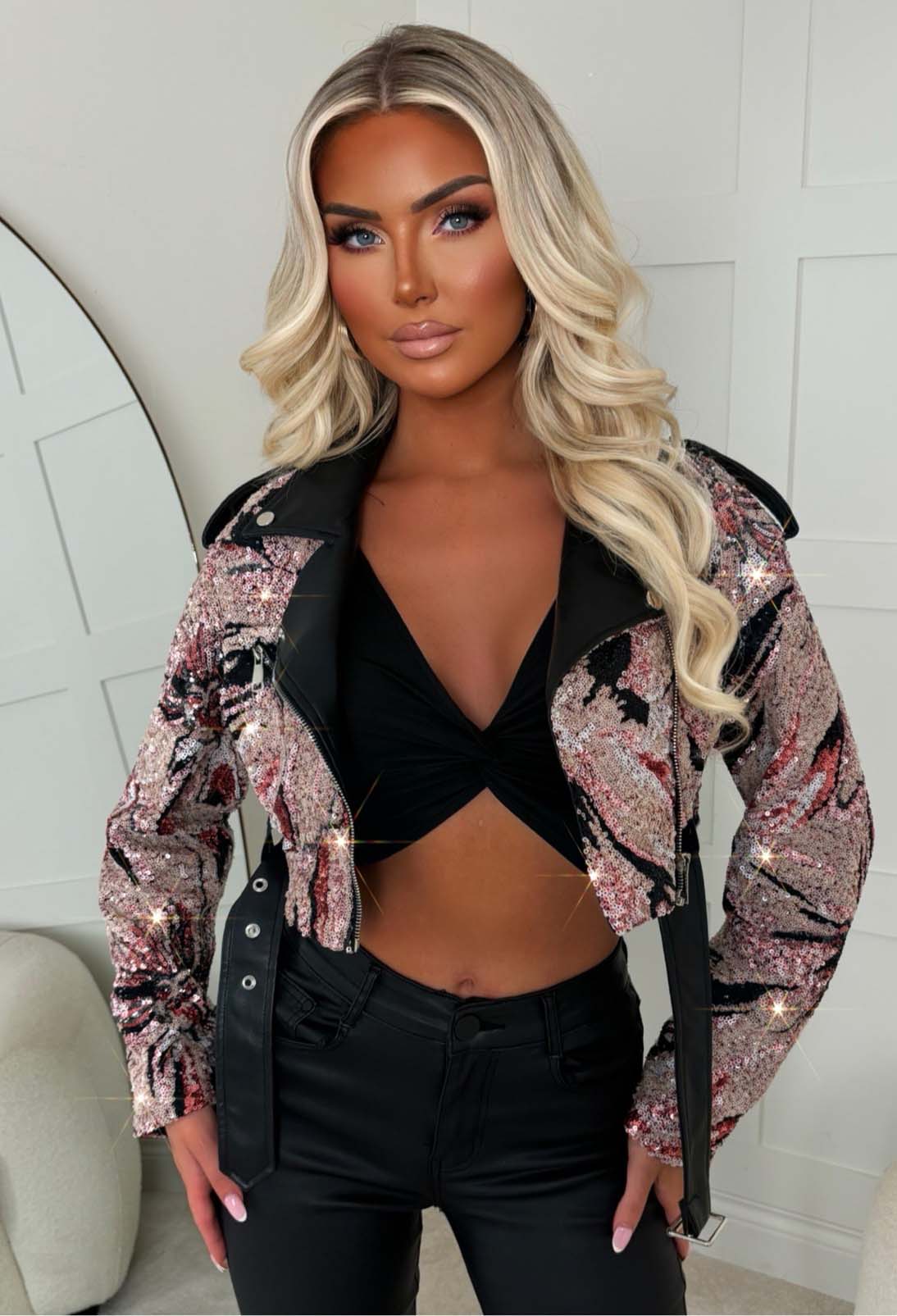 Rebel Glitz Pink Sequin Cropped Faux Leather Jacket