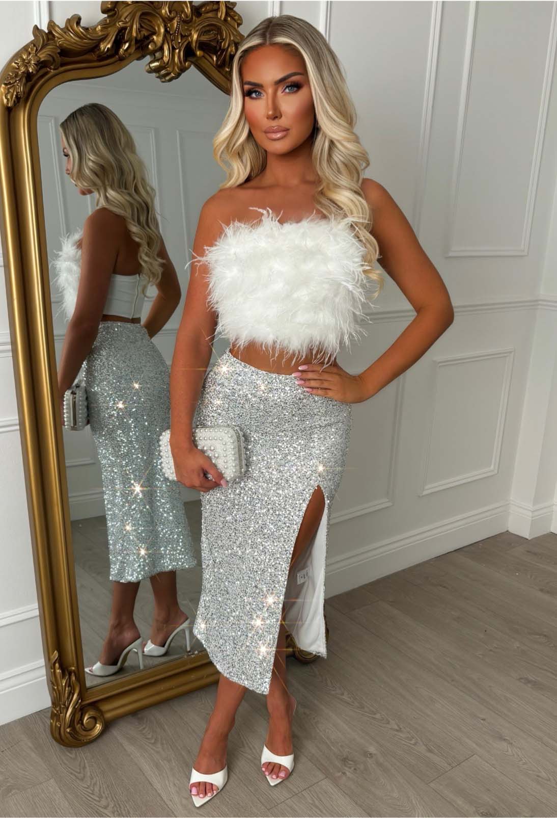Shimmering With You White Sequin Leg Split Midaxi Skirt
