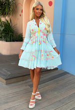 Summer Fantasy Blue Neon Embroidered Long Sleeve Tierred Mini Dress
