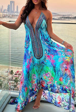 Tropical Romance Blue Mixed Print Embellished Adjustable Plunge Cami Maxi Dress