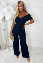 Utterly Yours Navy Cross Over Ruched Wide Leg Belted Jumpsuit