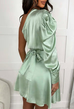 Pastel Perfection Mint Green Stretch Waist Satin One Sleeve Belted Mini Dress