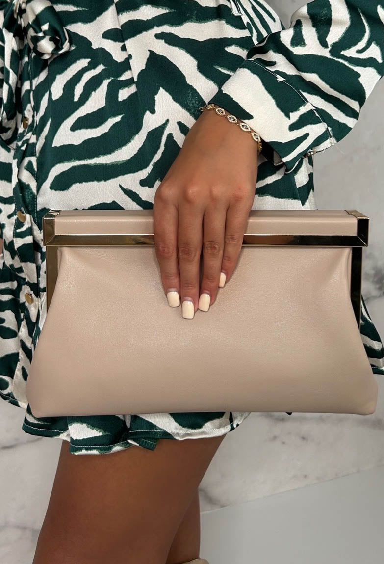 Couture Lifestyle Nude Metal Trim Faux Leather Clutch With Chain Strap