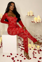 Enchanting Elegance Red Fitted Belted Lined Lace Jumpsuit