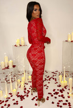 Enchanting Elegance Red Fitted Belted Lined Lace Jumpsuit