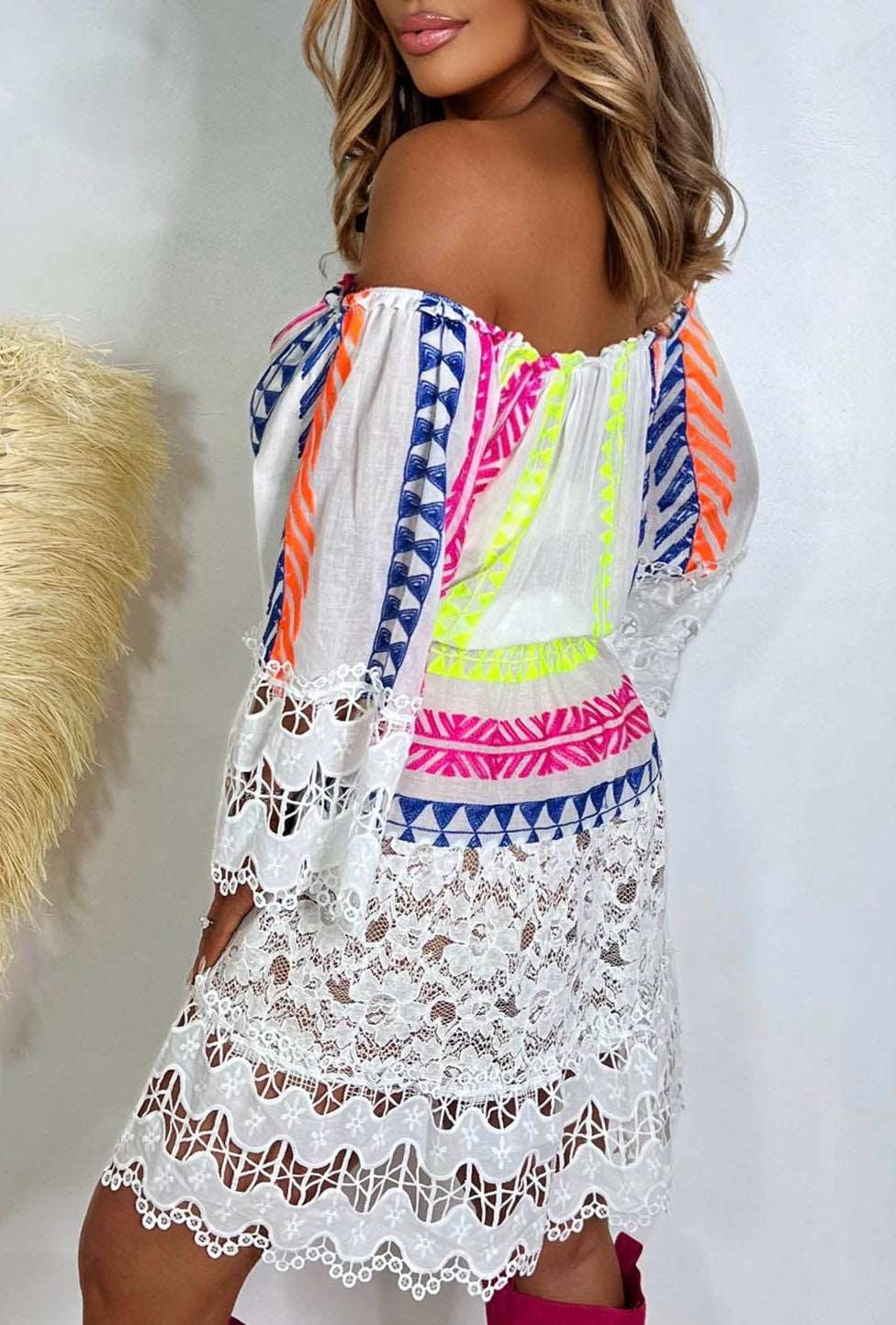 Beauty In Boho White Neon Embroidered Bardot Crochet Mini Dress