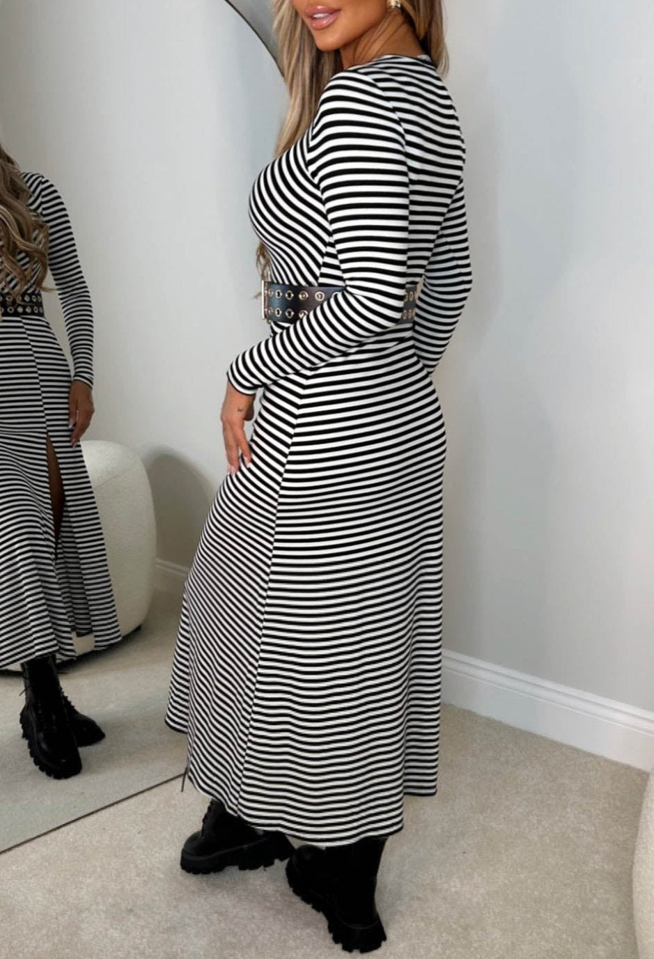 Love On The Line Monochrome Striped Long Sleeve Stretch Midi Dress