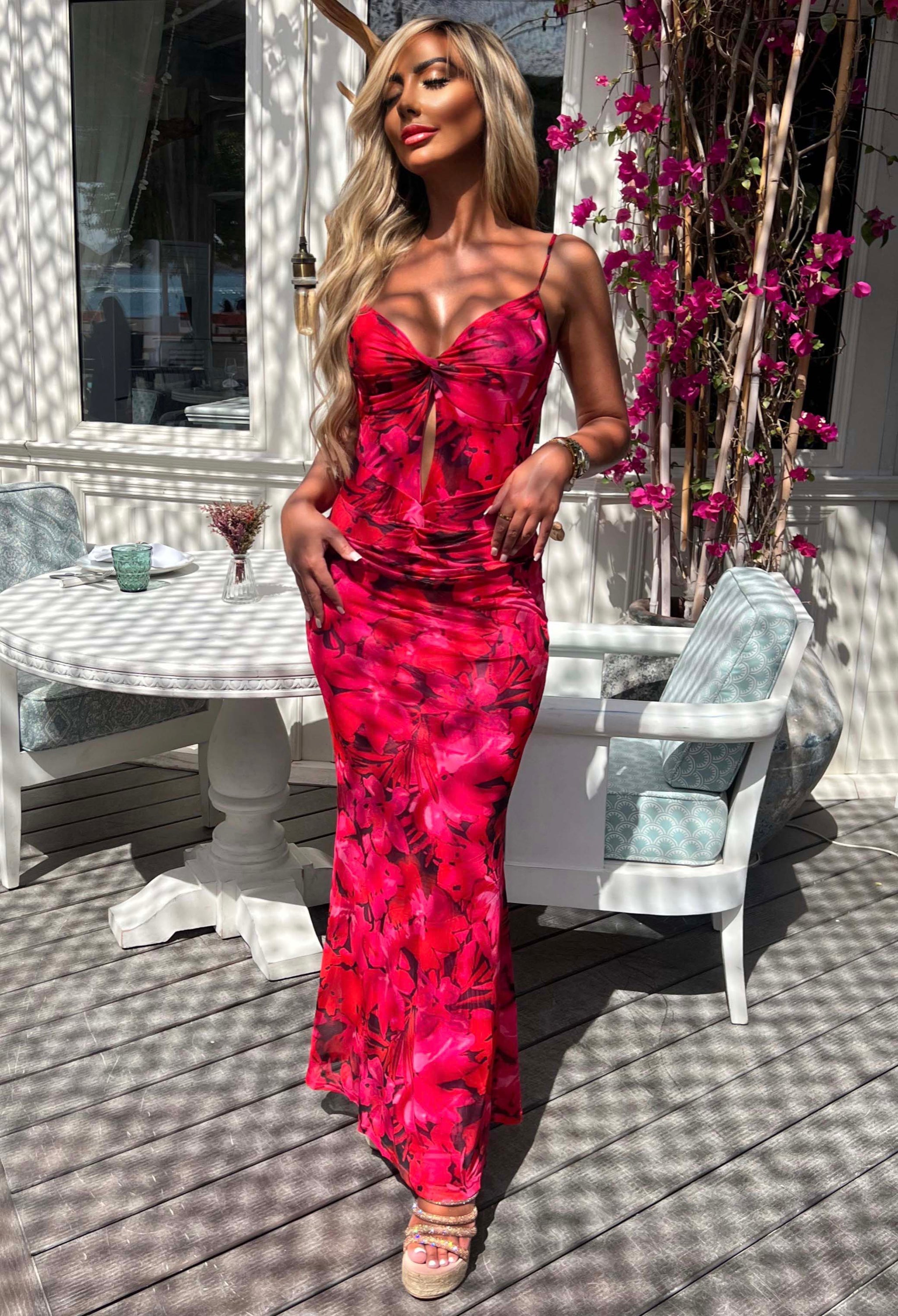 Island Sunset Pink Vivid Print Backless Cami Maxi Dress | Pink Boutique Island Sunset Pink Vivid Print Backless Cami Maxi Dress | Pink Boutique