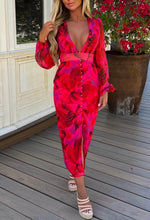 Sunset Paradise Hot Pink Printed Button Front Long Sleeve Midi Dress