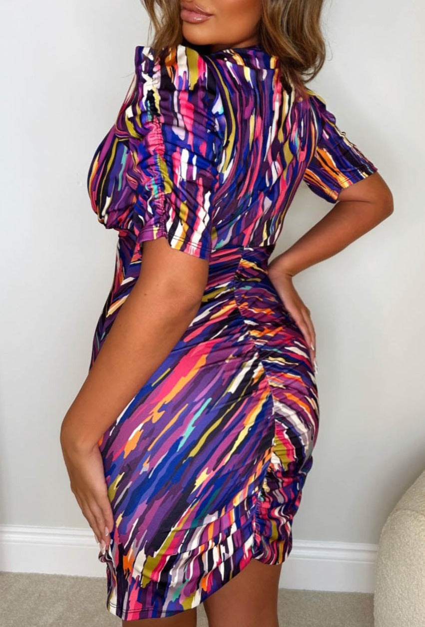 Love You Lots Purple Stretch Printed Ruched Mini Dress