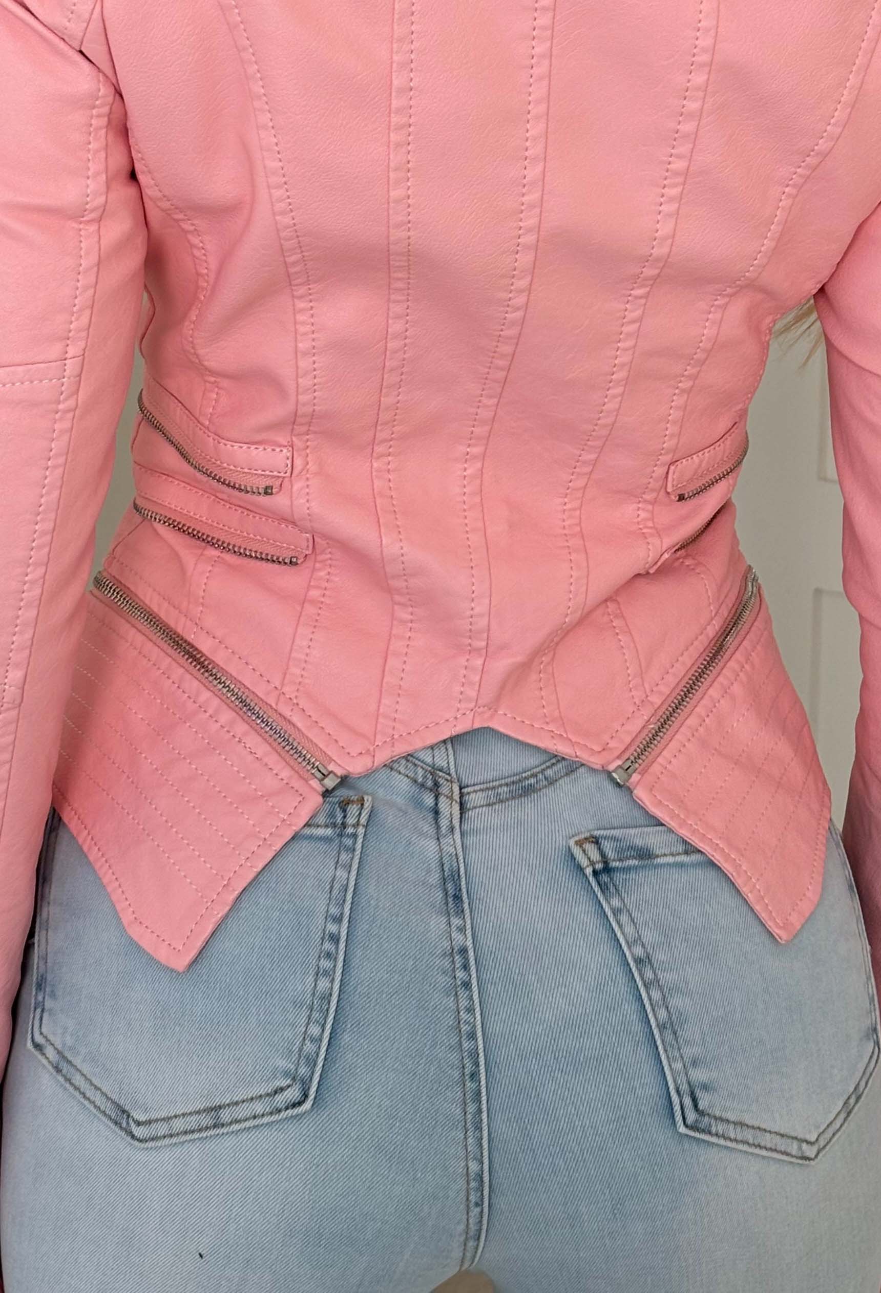 You're So Gone Pink Fitted Faux Leather Biker Jacket