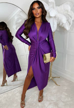 Cocktail Chic Purple Stretch Long Sleeve Plunge Ruched Midi Dress
