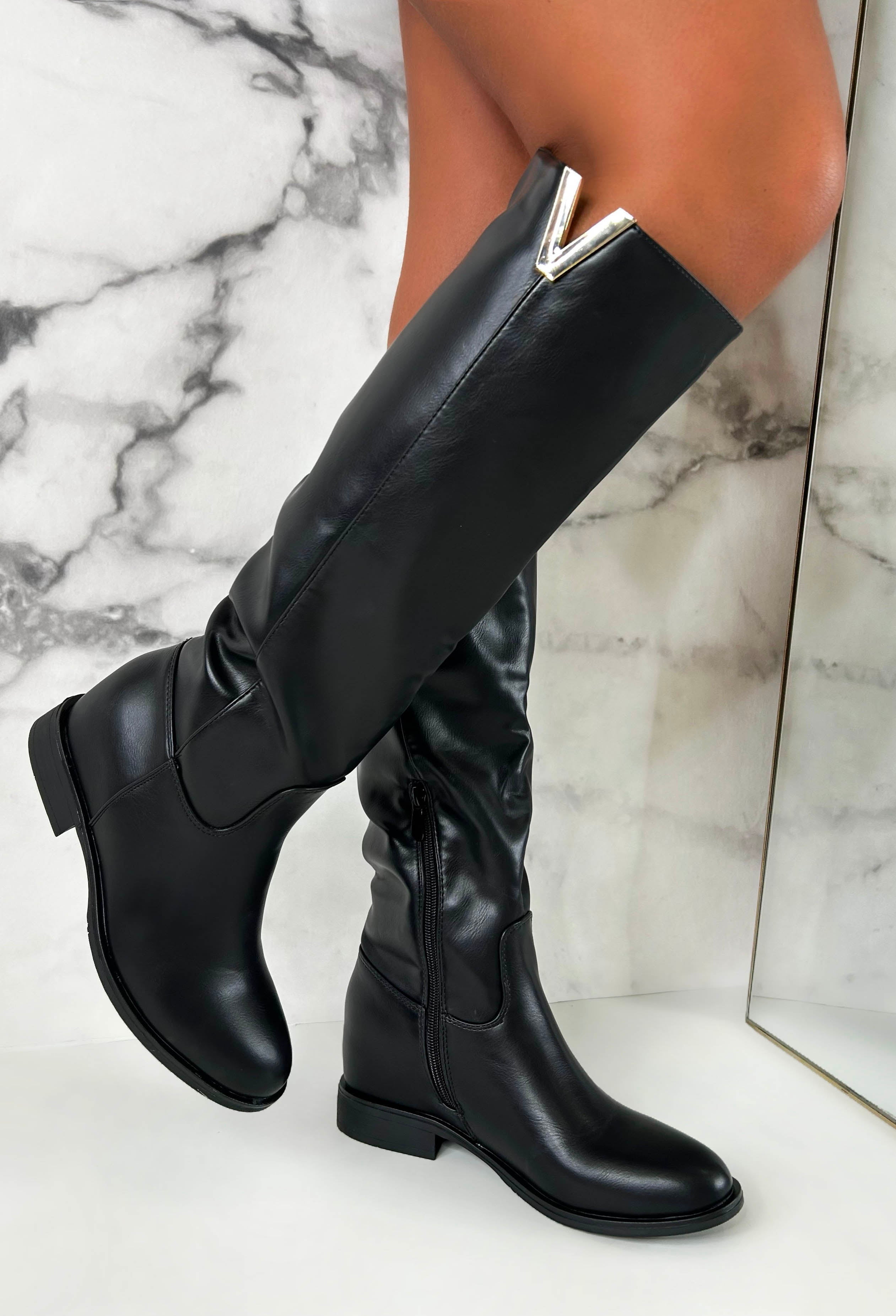 The Main Season Black Gold Detail Flat Knee High Boots