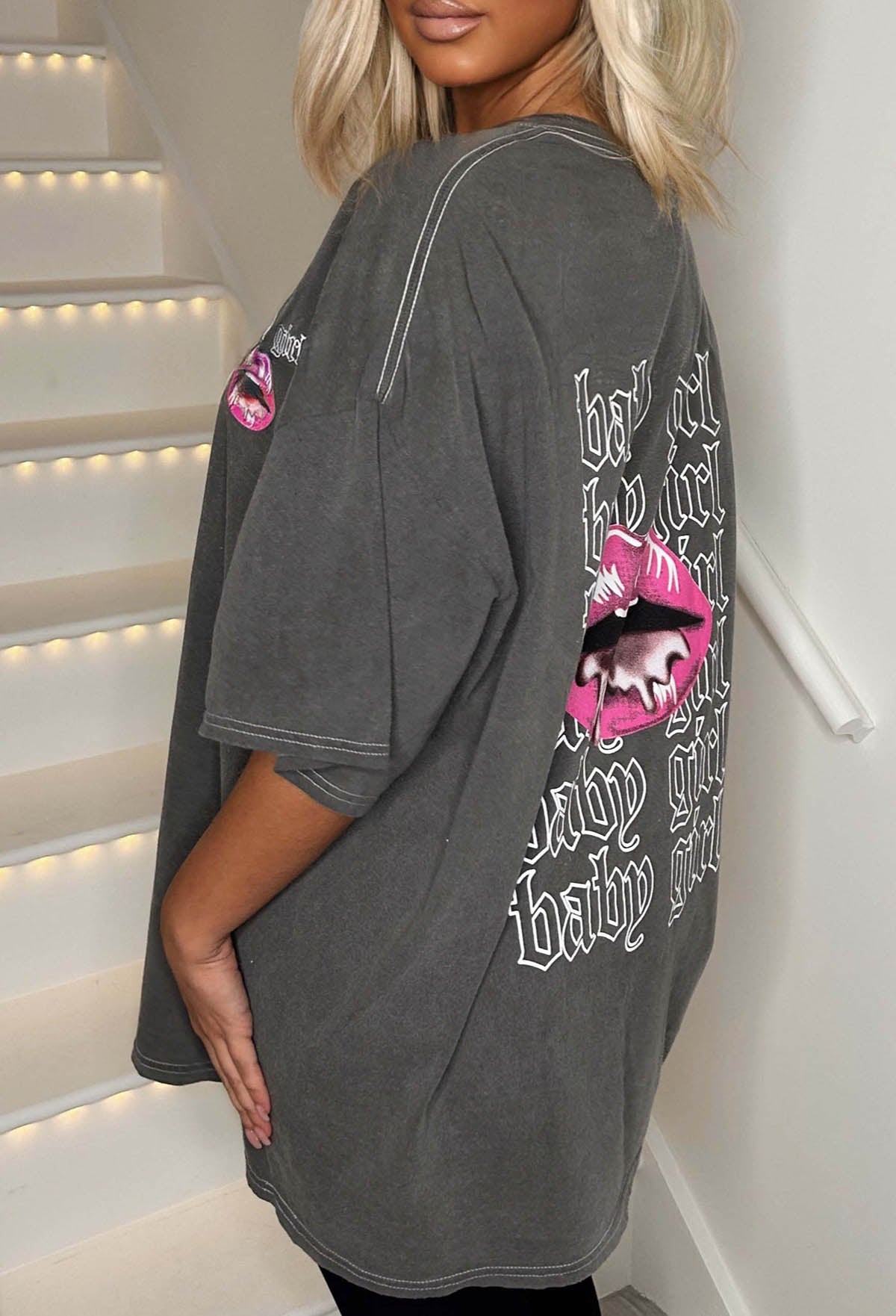 Pretty Gal Grey Washed Oversized Lips Graphic T-Shirt