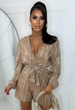 Like To Party Champagne Metallic Plisse Belted Stretch-Waist Long Sleeve Playsuit