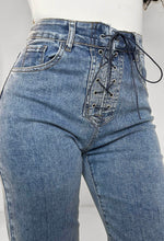 Tied Together Mid Blue Lace Up Stretch Straight Leg Jeans