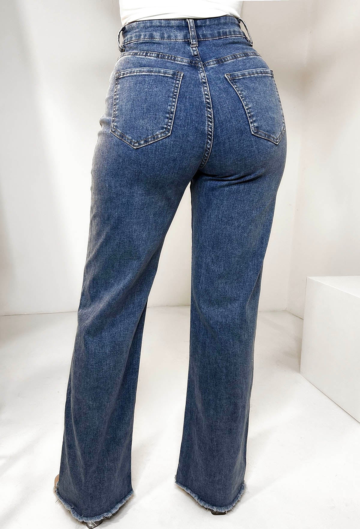 Tied Together Mid Blue Lace Up Stretch Straight Leg Jeans