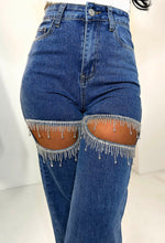 Dazzling Design Mid Blue Stretch Diamante Slashed Detail Wide Leg Jeans