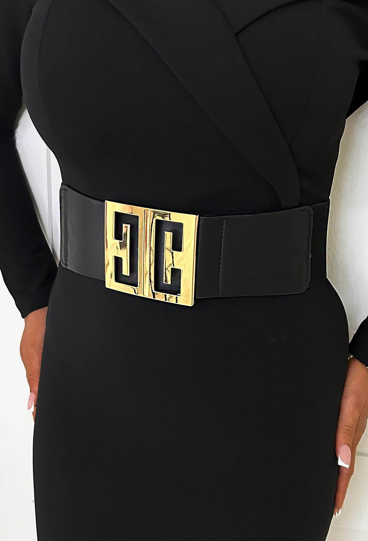 Tied To Luxe Black Gold Buckle Elasticated Belt Pink Boutique