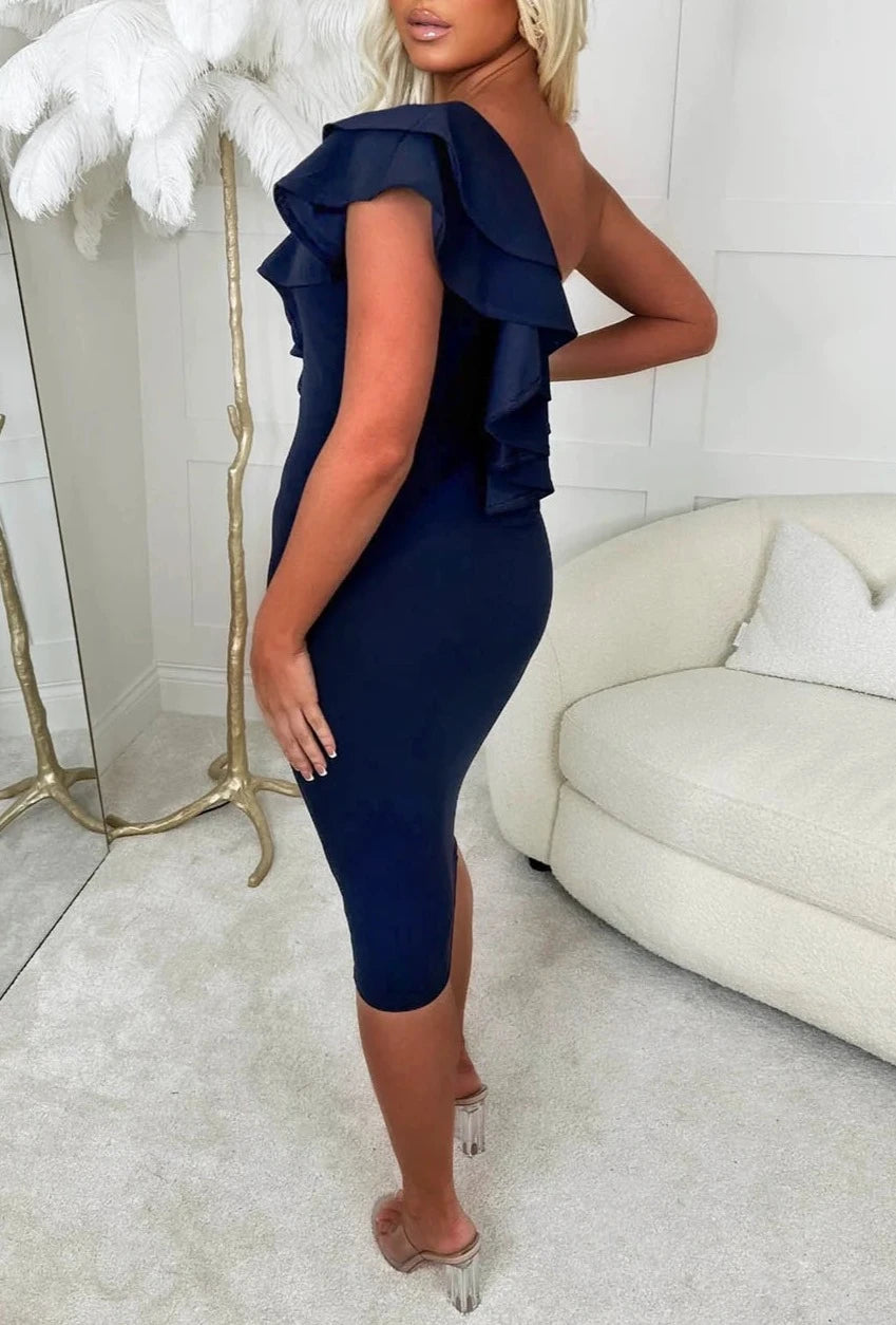 Frilling Affair Navy Stretch One Shoulder Frill Midi Dress