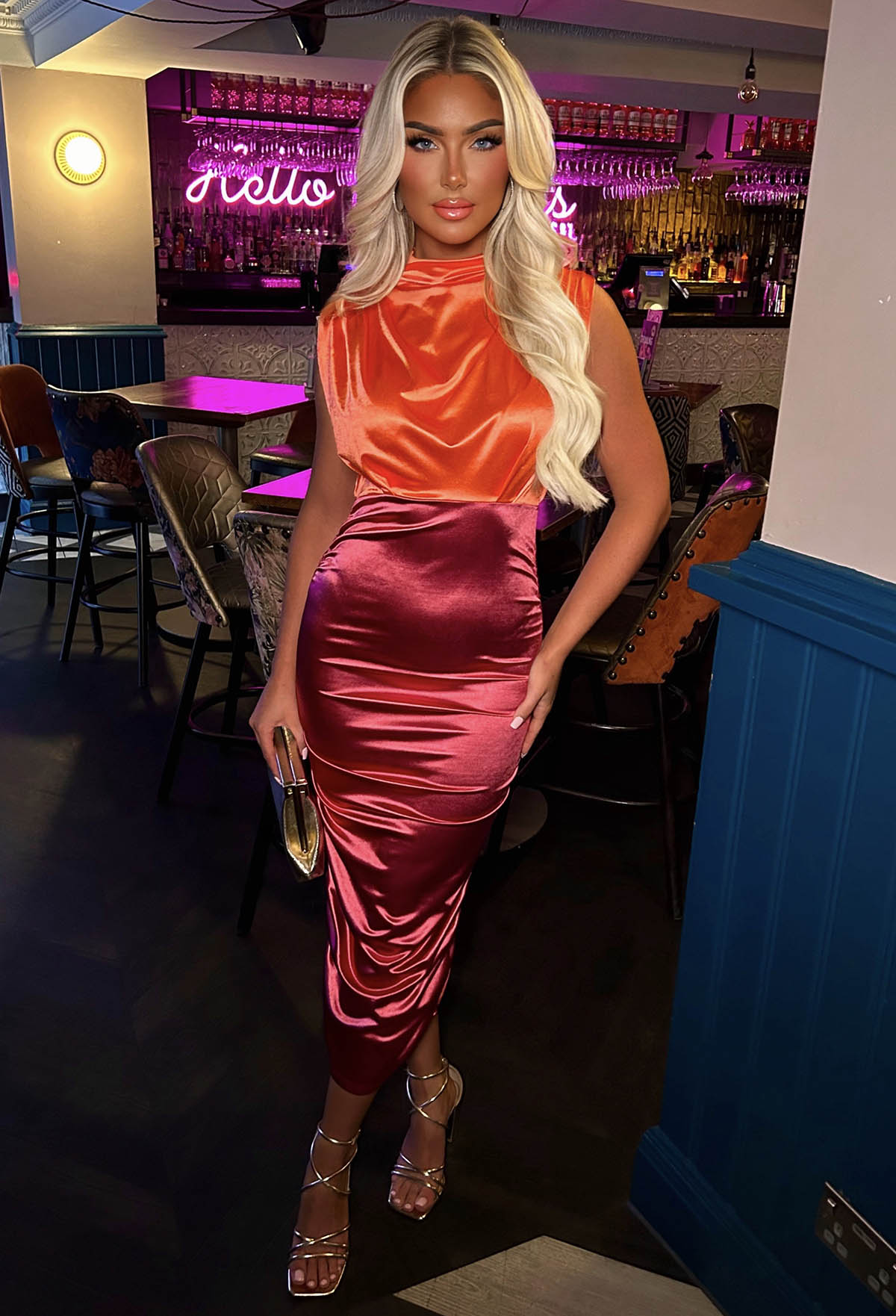 Desirable Luxe Hot Pink Colour Contrast Stretch Satin Ruched High Neck Midi Dress