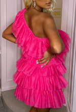 Princess Vibe Hot Pink Tulle Mesh One Shoulder Mini Dress