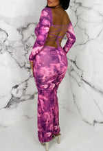 Vivid Allure Purple Stretch Lace Up Back Marble Print Long Sleeve Midi Dress