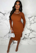 Tie The Knot Rust Diamante Neckline Long Sleeve Knitted Dress