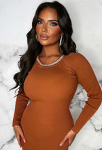 Tie The Knot Rust Diamante Neckline Long Sleeve Knitted Dress