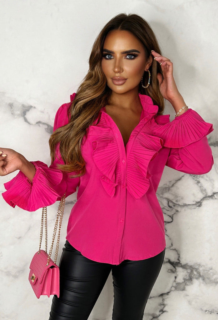 It Girl Hot Pink Button Up Frill Blouse Pink Boutique Pink Boutique UK