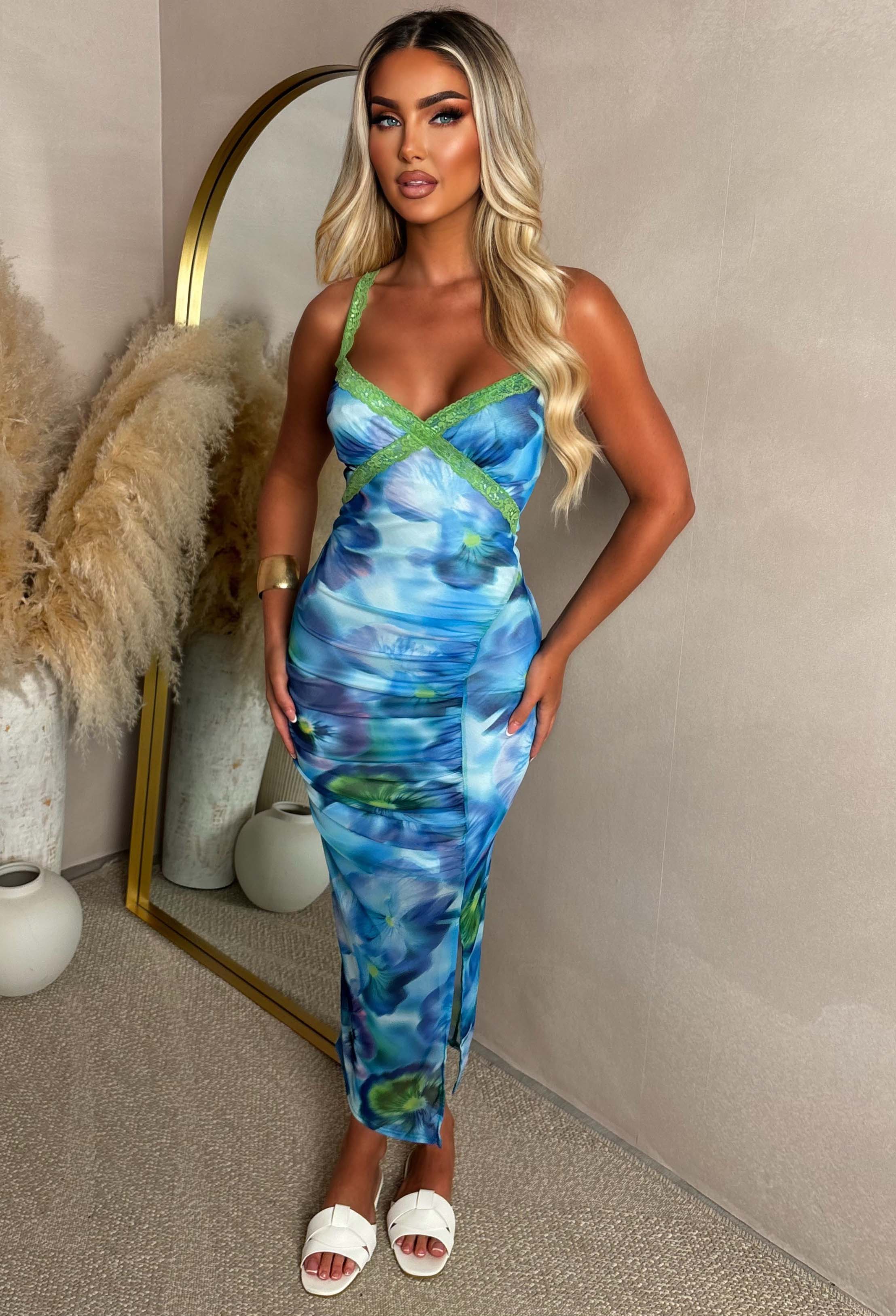 Romantic Lux Blue Abstract Flower Maxi Dress