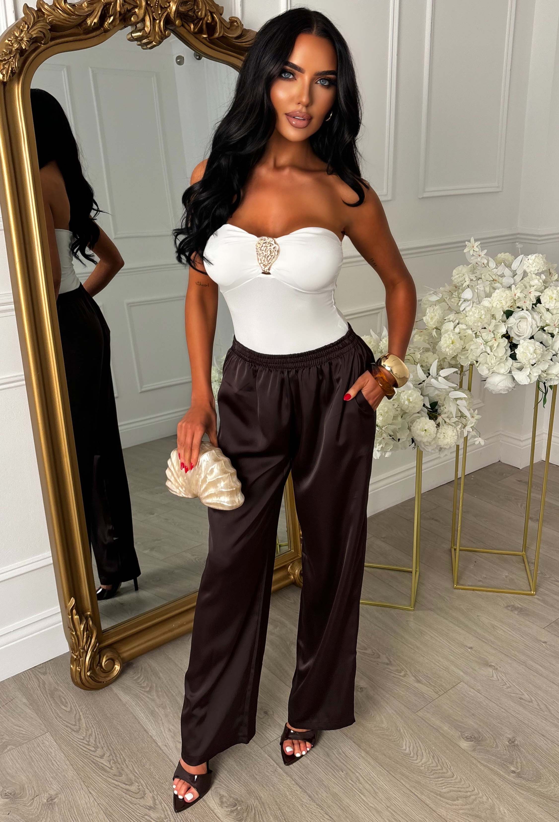 Satin Satisfaction Brown Elasticated Drawstring Trouser