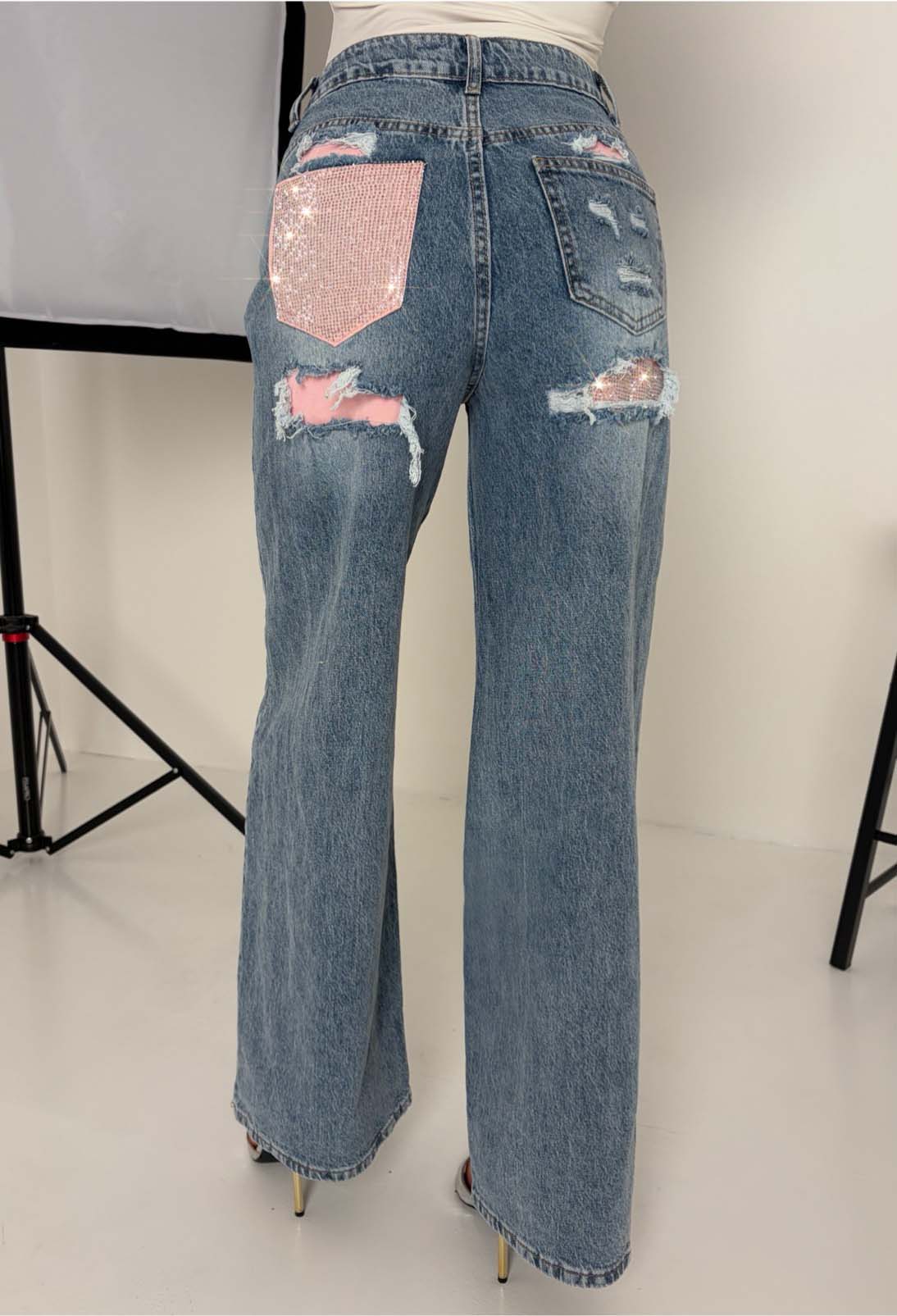 Seek Me Out Mid Blue Ripped Denim Hot Fix Stretch Jeans